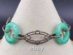 Antique Victorian Edwardian Green Peking Glass Sterling Silver Bracelet 7