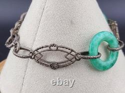 Antique Victorian Edwardian Green Peking Glass Sterling Silver Bracelet 7