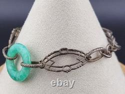 Antique Victorian Edwardian Green Peking Glass Sterling Silver Bracelet 7