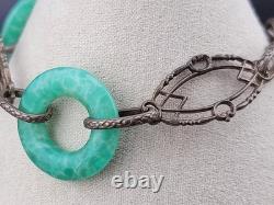 Antique Victorian Edwardian Green Peking Glass Sterling Silver Bracelet 7