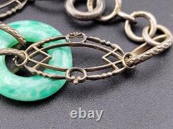 Antique Victorian Edwardian Green Peking Glass Sterling Silver Bracelet 7