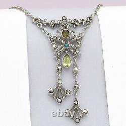 Antique Victorian Edwardian Sterling Silver Bow Paste Negligee Pendant Necklace