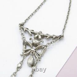 Antique Victorian Edwardian Sterling Silver Bow Paste Negligee Pendant Necklace