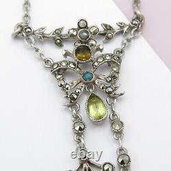 Antique Victorian Edwardian Sterling Silver Bow Paste Negligee Pendant Necklace