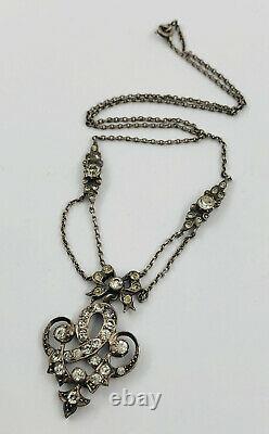 Antique Victorian Edwardian Sterling Silver Paste Suffragette Lavalier Necklace