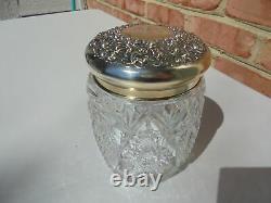 Antique Victorian Era Cut Glass & Sterling Silver Cigar Humidor Jar