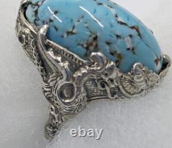 Antique Victorian Griffin Gryphon Sterling Silver Dragons Egg Art Glass Ring