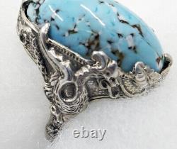Antique Victorian Griffin Gryphon Sterling Silver Dragons Egg Art Glass Ring