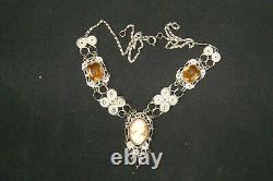 Antique Victorian RS 800 Silver Citrine Ornate Filigree Carved Cameo Necklace