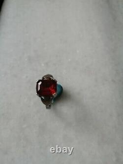Antique Victorian Silver 900 Ring With Red Glass Stone 8 US