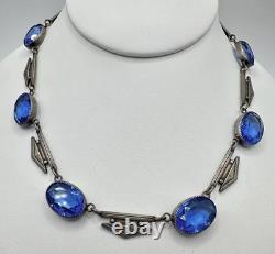 Antique Victorian Sterling Silver Blue Cut Glass 29G 16in Tested Necklace Read
