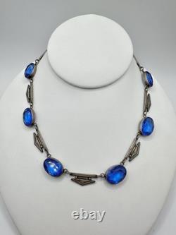 Antique Victorian Sterling Silver Blue Cut Glass 29G 16in Tested Necklace Read