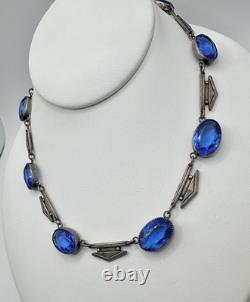 Antique Victorian Sterling Silver Blue Cut Glass 29G 16in Tested Necklace Read