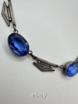 Antique Victorian Sterling Silver Blue Cut Glass 29G 16in Tested Necklace Read