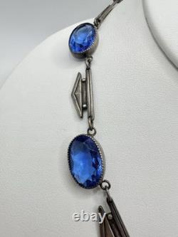 Antique Victorian Sterling Silver Blue Cut Glass 29G 16in Tested Necklace Read