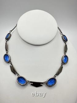 Antique Victorian Sterling Silver Blue Cut Glass 29G 16in Tested Necklace Read