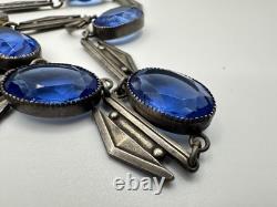 Antique Victorian Sterling Silver Blue Cut Glass 29G 16in Tested Necklace Read