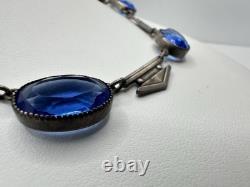 Antique Victorian Sterling Silver Blue Cut Glass 29G 16in Tested Necklace Read