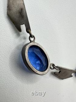 Antique Victorian Sterling Silver Blue Cut Glass 29G 16in Tested Necklace Read