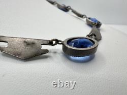 Antique Victorian Sterling Silver Blue Cut Glass 29G 16in Tested Necklace Read