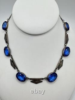 Antique Victorian Sterling Silver Blue Cut Glass 29G 16in Tested Necklace Read