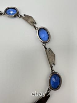 Antique Victorian Sterling Silver Blue Cut Glass 29G 16in Tested Necklace Read