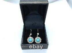Antique Victorian Sterling Silver Diamond Paste Turquoise Glass Dangle Earrings