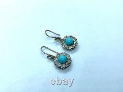 Antique Victorian Sterling Silver Diamond Paste Turquoise Glass Dangle Earrings