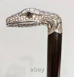 Antique Victorian Sterling Silver Glass Eyes Snake Figural Walking Cane Stick