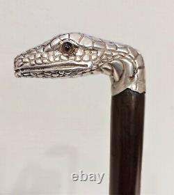 Antique Victorian Sterling Silver Glass Eyes Snake Figural Walking Cane Stick