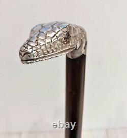 Antique Victorian Sterling Silver Glass Eyes Snake Figural Walking Cane Stick