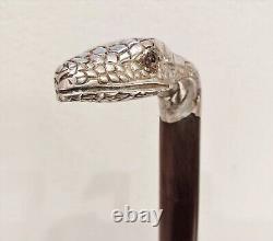 Antique Victorian Sterling Silver Glass Eyes Snake Figural Walking Cane Stick