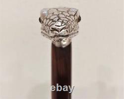 Antique Victorian Sterling Silver Glass Eyes Snake Figural Walking Cane Stick