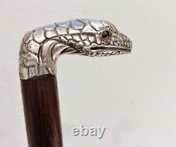 Antique Victorian Sterling Silver Glass Eyes Snake Figural Walking Cane Stick