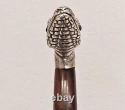 Antique Victorian Sterling Silver Glass Eyes Snake Figural Walking Cane Stick