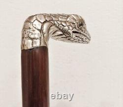 Antique Victorian Sterling Silver Glass Eyes Snake Figural Walking Cane Stick