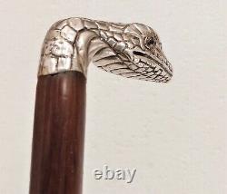 Antique Victorian Sterling Silver Glass Eyes Snake Figural Walking Cane Stick