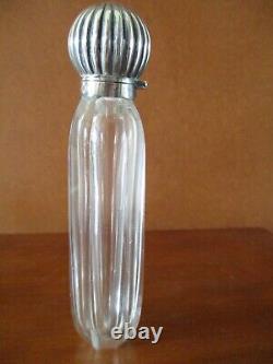 Antique Victorian Sterling Silver Hinged Top Ribbed Glass Perfume Bottle