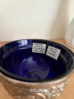 Antique Victorian Sterling Silver Open Salt 1893 Samuel Jacob Cobalt Glass Liner