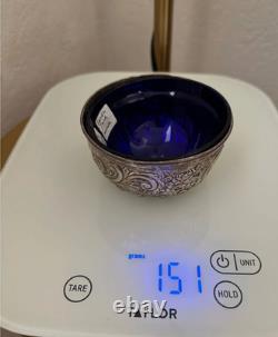 Antique Victorian Sterling Silver Open Salt 1893 Samuel Jacob Cobalt Glass Liner