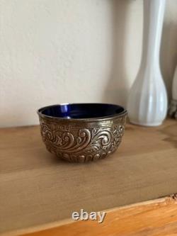 Antique Victorian Sterling Silver Open Salt 1893 Samuel Jacob Cobalt Glass Liner