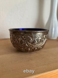 Antique Victorian Sterling Silver Open Salt 1893 Samuel Jacob Cobalt Glass Liner
