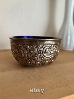 Antique Victorian Sterling Silver Open Salt 1893 Samuel Jacob Cobalt Glass Liner