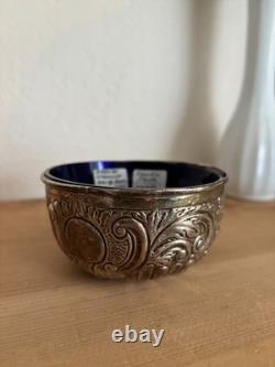 Antique Victorian Sterling Silver Open Salt 1893 Samuel Jacob Cobalt Glass Liner