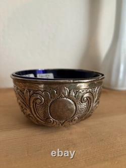 Antique Victorian Sterling Silver Open Salt 1893 Samuel Jacob Cobalt Glass Liner