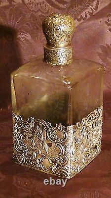Antique Victorian Sterling Silver Overlay Collar Etched Cut Glass Decanter