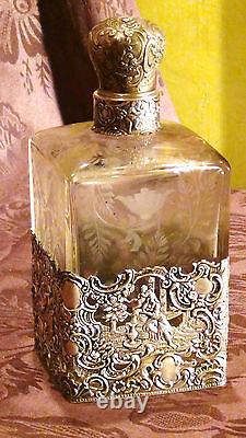 Antique Victorian Sterling Silver Overlay Collar Etched Cut Glass Decanter