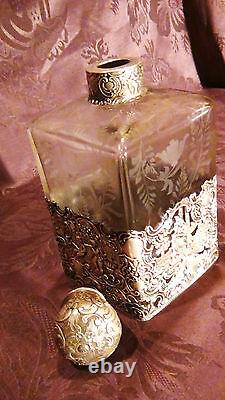 Antique Victorian Sterling Silver Overlay Collar Etched Cut Glass Decanter