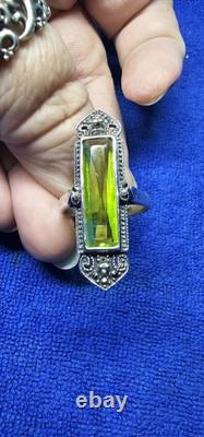 Antique Victorian Sterling Silver Ring Size 8 Green Glass Baguette &