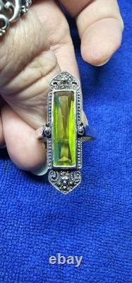 Antique Victorian Sterling Silver Ring Size 8 Green Glass Baguette &